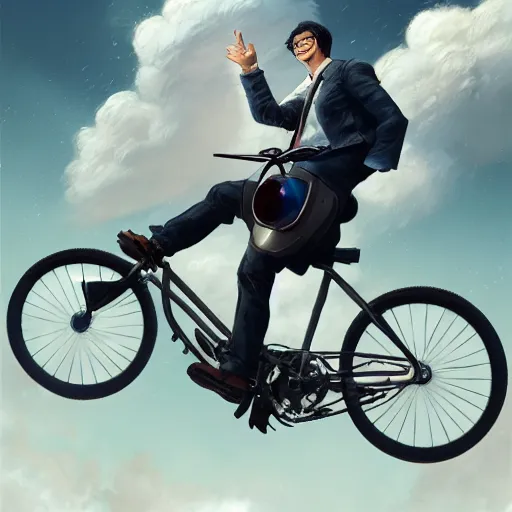 Prompt: A fancy portrait of a happy man flying in the sky on his bicycle in the clouds, perfect expression, Ross Tran, Greg Rutkowski, Maciej Kuciara, 8k photorealistic, volumetric lighting, HD, high details, dramatic, warm atmosphere, trending on artstation