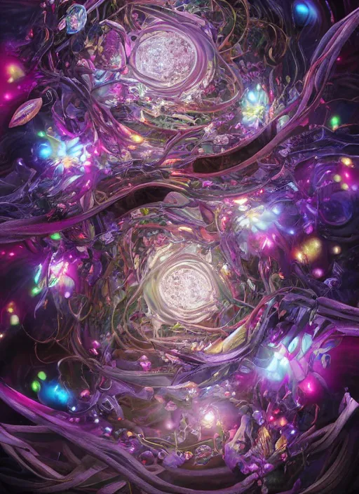 Image similar to An epic fantastic realism comic book style painting of the most beautiful spiraling entwined flowers launched exquisitely across the dark spinning universe, floating bouquets, fisheye, perfect shiny iridescent silver spheres, unreal 5, DAZ, hyperrealistic, octane render, dynamic lighting