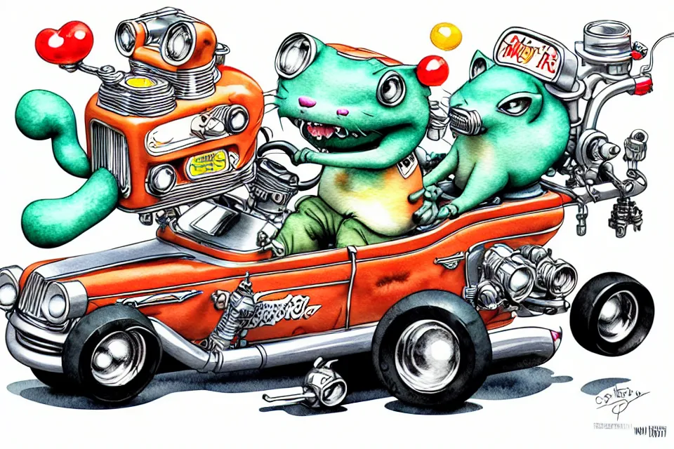 Image similar to cute and funny, margay riding in a tiny street rod with oversized engine, ratfink style by ed roth, centered award winning watercolor pen illustration, isometric illustration by chihiro iwasaki, edited by range murata, tiny details by artgerm and watercolor girl, symmetrically isometrically centered