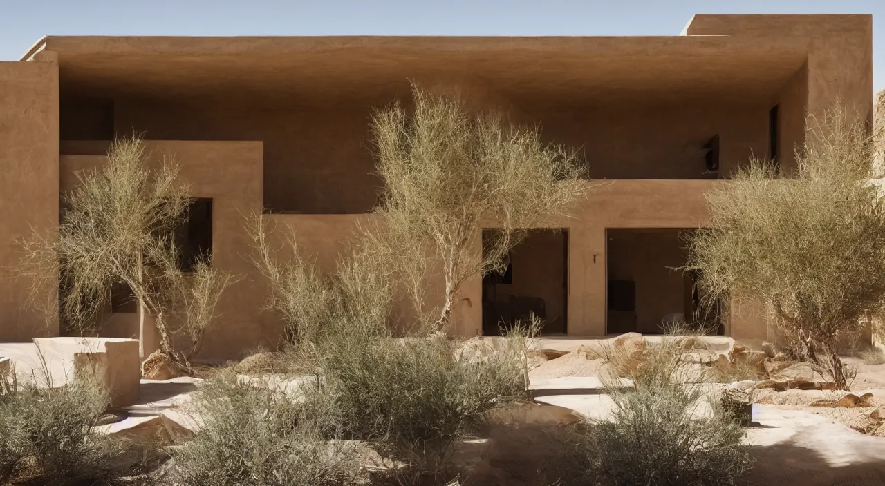 Image similar to desert house made from rammed earth and weathered steel, courtyard with cactus and palo verde trees, photorealistic, detailed, cinematic lighting