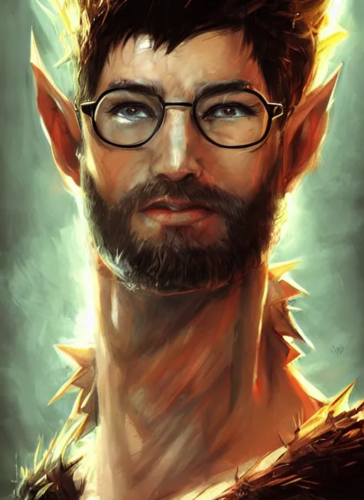 Prompt: spiky black short hair and glasses mage male white, dndbeyond, bright, colourful, realistic, dnd character portrait, full body, pathfinder, pinterest, art by ralph horsley, dnd, rpg, lotr game design fanart by concept art, behance hd, artstation, deviantart, hdr render in unreal engine 5