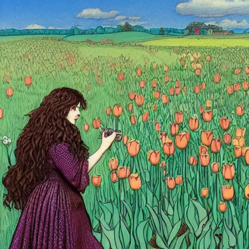 Image similar to hagrid the viking and morticia addams kiss in a field of tulips, masterpiece, highly detailed, oil on canvas, art by rebecca guay