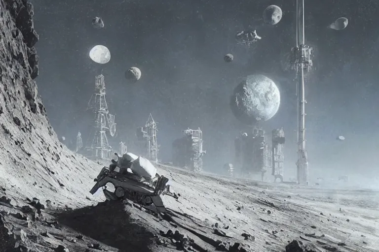 Image similar to cinematic image of a large lunar base inside a crater, brutalist architecture, 1950s sci-fi, art by greg rutkowski and ruan jia and Daytoner