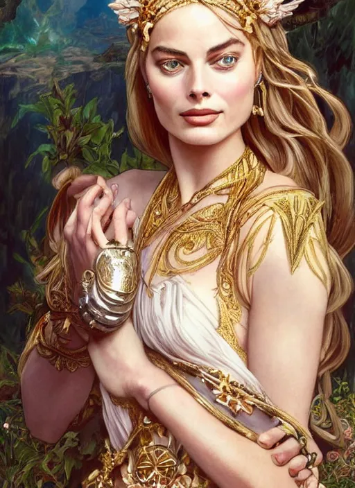 Image similar to Margot Robbie as a Greek Goddess, beautiful detailed eyes, cute, fantasy, intricate, elegant, highly detailed, digital painting, 4k, HDR, concept art, detailed jewelry, smooth, sharp focus, illustration, art by Artgerm, H R Giger and Alphonse Mucha