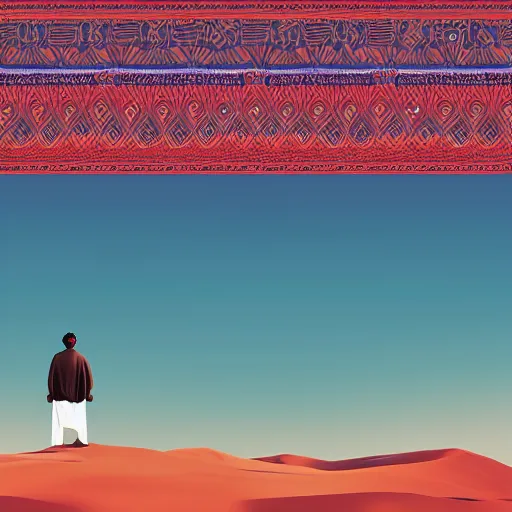 Prompt: arab man standing up in the mountains, album cover design illustration digital art