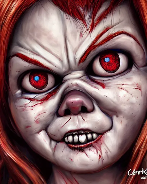 Prompt: chucky the killer doll, portrait, fantasy art, in the style of artgerm, illustration, epic, fantasy, intricate, hyper detailed, artstation, concept art, smooth, sharp focus, ray tracing, vibrant, photorealistic, simon bisley, fabry glenn