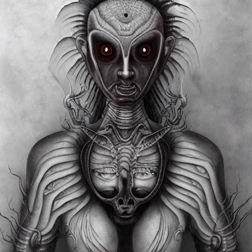 Image similar to naraka buddhist demon korean female, angry female alien, multiple eyes, tubular creature, blood vessels, no face, dystopian surrealism, alex ries zdzisław beksinski, symmetrical long head, smooth marble surfaces, smooth marble surfaces, detailed ink illustration, detailed ink illustration, raiden metal gear, cinematic smooth stone, deep aesthetic