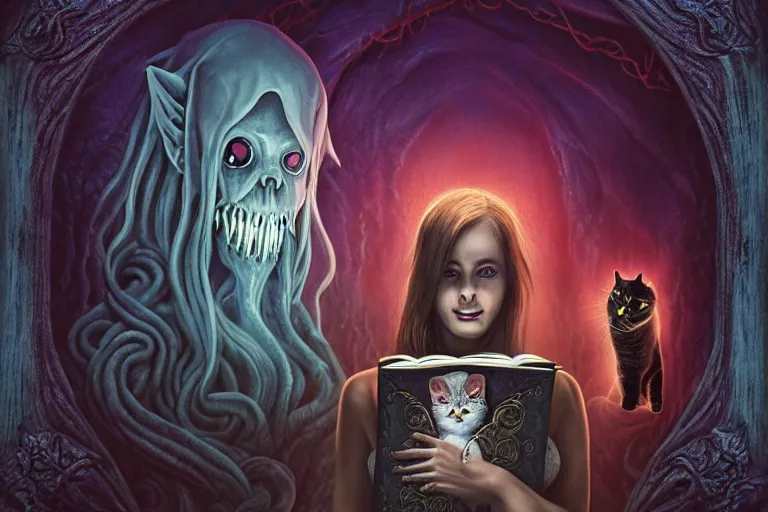 Image similar to romantic photo of bright girl, her cat and her book of necronomicon, symmetrical, cinematic, real dlsr photography, sharp focus, 4 k, ultra hd, sense of awe, sinister demonic atmosphere, dreadful, forbidden knowledge, old gods, cthulhu, yog - sothoth! yah, yah, yah! cultist journal cover