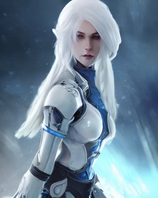 Image similar to perfect white haired girl, warframe armor, beautiful, pretty face, blue eyes, detailed, windy weather, scifi, platform, laboratory, experiment, 4 k, ultra realistic, epic lighting, high detail, masterpiece, by akihito tsukushi, charlie bowater, ross tran