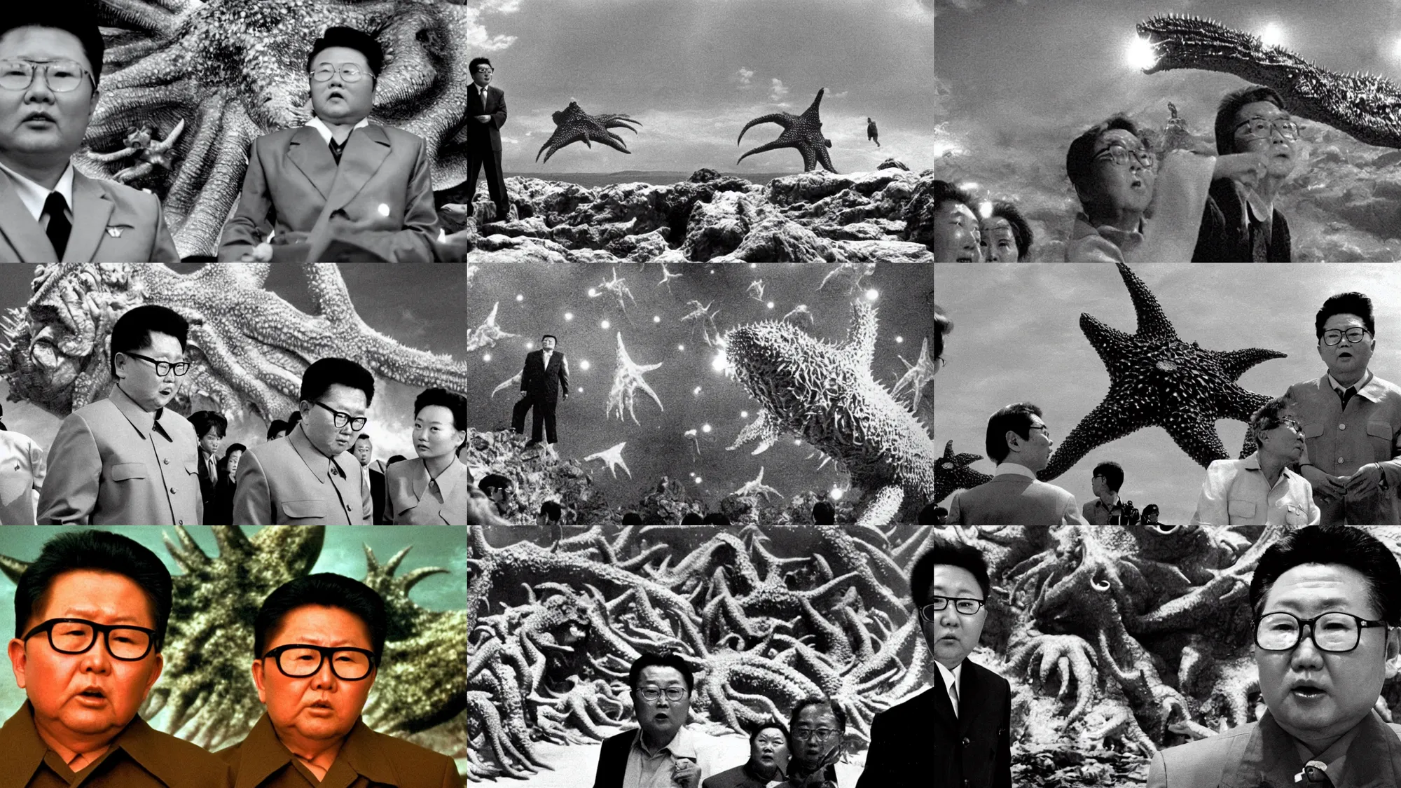 Prompt: a filmstill of Kim Jong-il in the foreground looking upwards at a giant Kaiju starfish monster in the background, cinematography by Akira Kurosawa