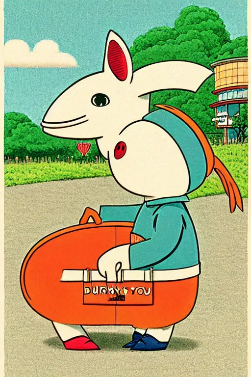 Image similar to by richard scarry. happy donkey a 1 9 5 0 s retro illustration. studio ghibli. muted colors, detailed