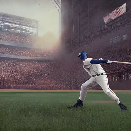 Image similar to baseball player hitting the ball with the baseball bat in the middle of the game and in front of everyone in the stadium, james gurney painting style, greg rutkowski, artstation, octane render, unreal engine 5