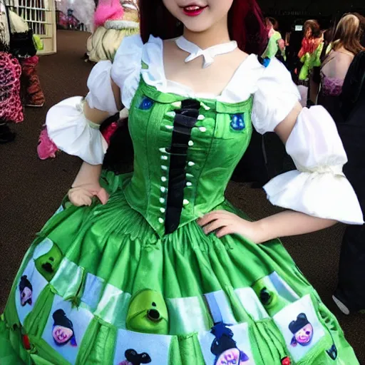 Image similar to A shrek-themed lolita dress; modern japanese fashion