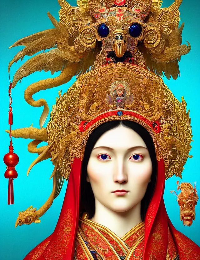 Image similar to 3 d goddess close - up profile portrait russian orthodox icon with ram skull. beautiful intricately detailed japanese crow kitsune mask and clasical japanese kimono. betta fish, jellyfish phoenix, bio luminescent, plasma, ice, water, wind, creature, artwork by tooth wu and wlop and beeple and greg rutkowski