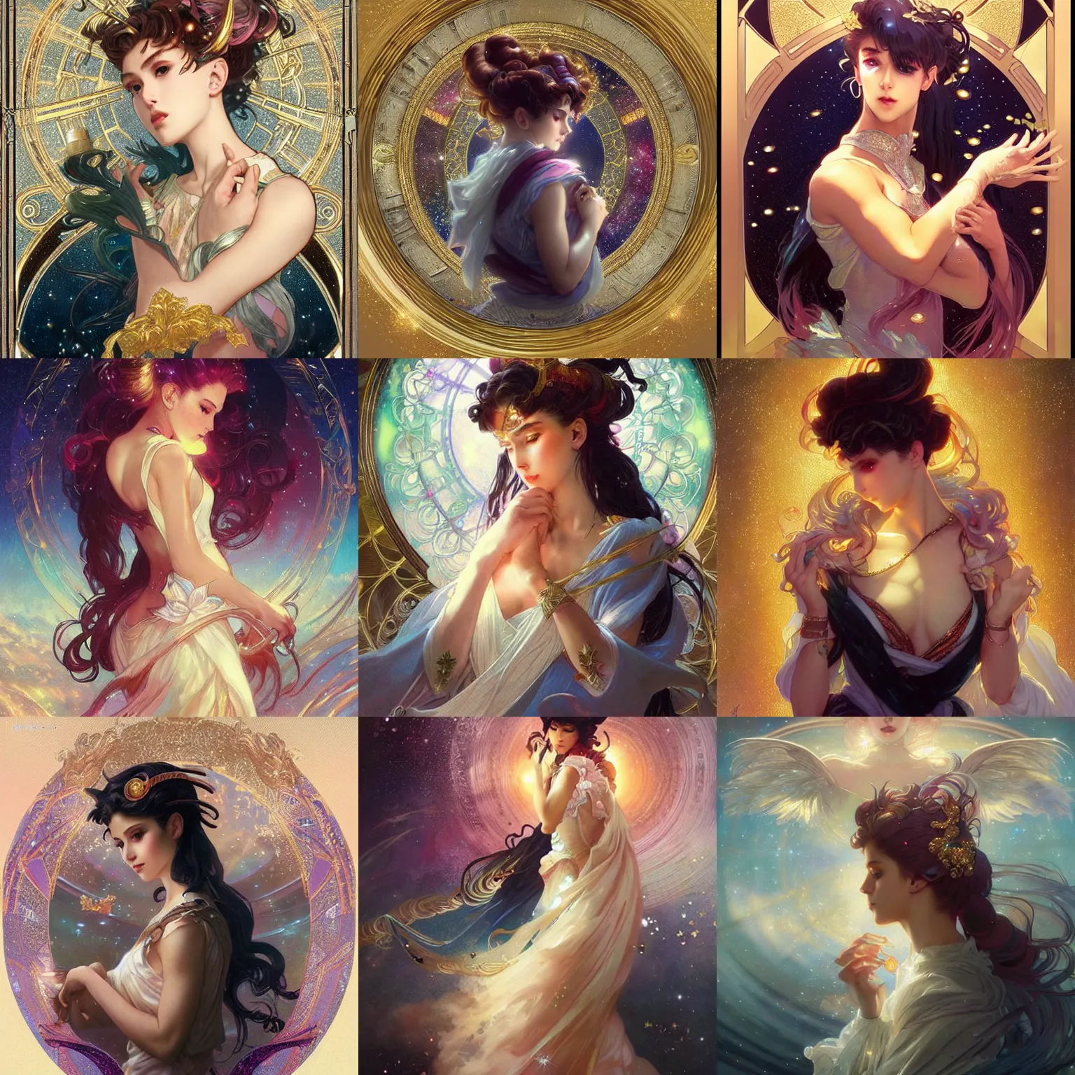 Prompt: a dramatic beautiful breathtaking artwork glowing in sparkles with heavenly notes Neo Rococo highly detailed sailor moon aesthetic matte sharp focus Artgerm and Greg Rutkowski and Alphonse Mucha