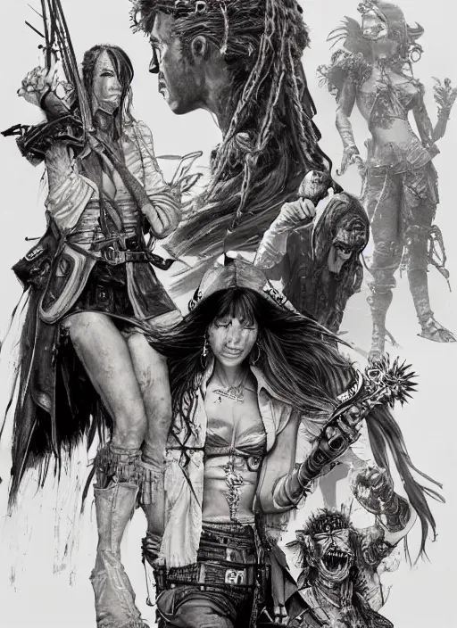 Image similar to detailed pencil spot illustrations of various character concepts from cyberpunk and pirates of the caribbean movie, various poses, by burne hogarth, by bridgeman, by anthony ryder, by yoshitaka amano, by ruan jia, by conrad roset, by mucha, artstation, artstation.