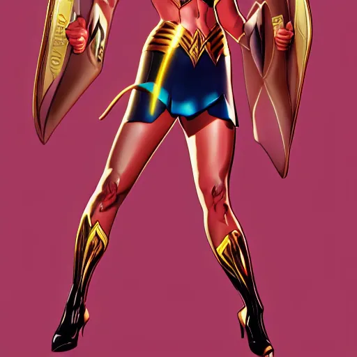 Prompt: Lynda Carter wonder woman, busty, small waistline, too thick thighs, LeraPI official art, digital art, artstation , highly detailed , 4k , cinematic lighting