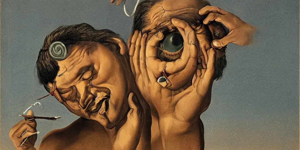 Prompt: a man removing a nail from the middle of his forehead where he has a third eye by dali