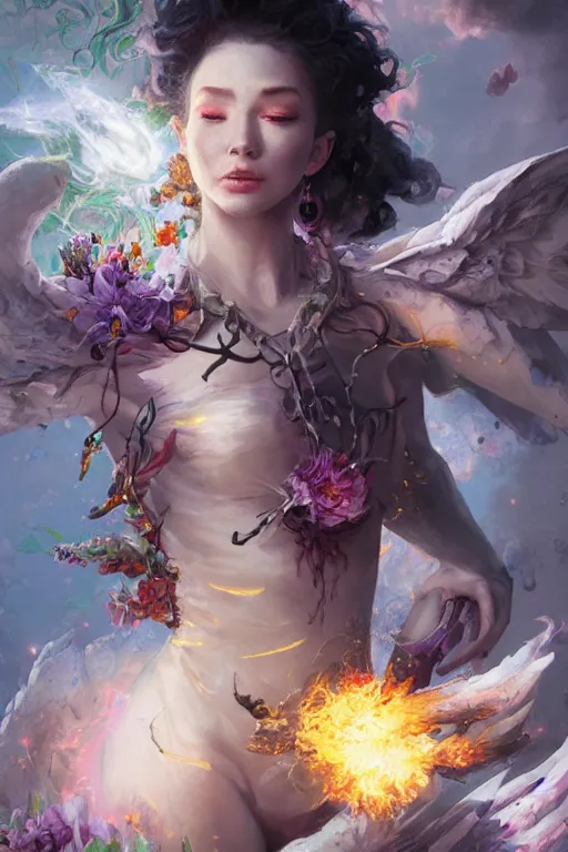 Image similar to half body closeup of beautiful girl necromancer, witch - doctor exploding into flowers, angels, 3 d render, hyper - realistic detailed portrait, holding fire and electricity, ruan jia, wlop. scifi, fantasy, magic the gathering, hyper detailed, octane render, concept art, peter mohrbacher