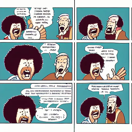 Prompt: angry screaming bob ross cartoon strip