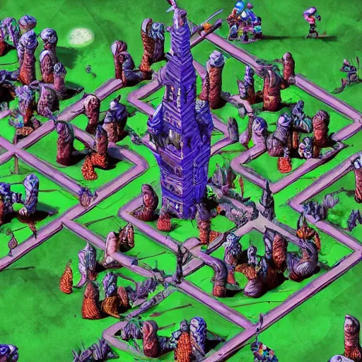 Image similar to Evil mage is standing on top of his tower, raising hands up high and leading his horde of zombies to outer lands. Isometric, high angle, big scale battle map. Highly detailed digital art, unreal engine.