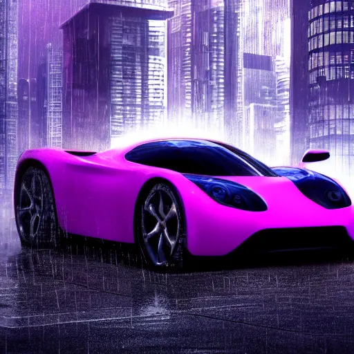 Prompt: A car driving a fast car in the rain, futuristic, cyberpunk, purple
