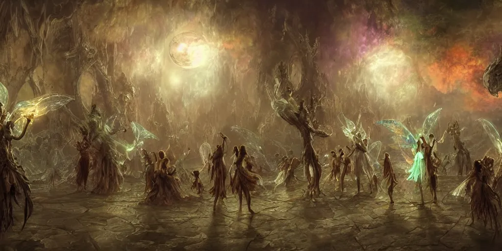 Prompt: concept art of translucent glowing fairies dancing, lovecraftian, renaissance, melting, round moon, rich clouds, fighting the horrors of the unknown, very detailed, volumetric light, mist, fine art, decaying, textured oil over canvas, epic fantasy art, very colorful, ornate intricate scales, floor of skulls