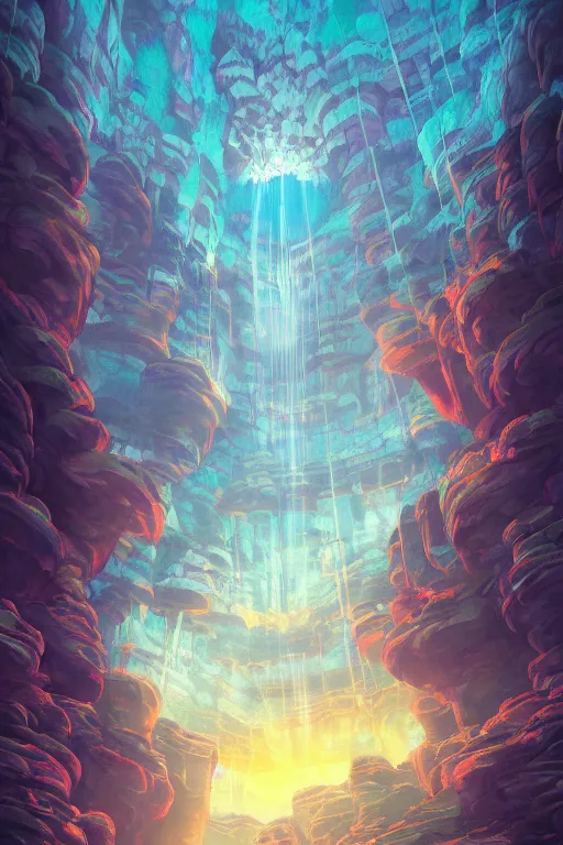 Image similar to forgotten realms shadow fell cave city inception reflected on ceiling 4 k digital paint by studio ghibli hayao miyazaki. vivid colours, vaporwave lighting style, very sharp and detailed. trending on artstation and behance.