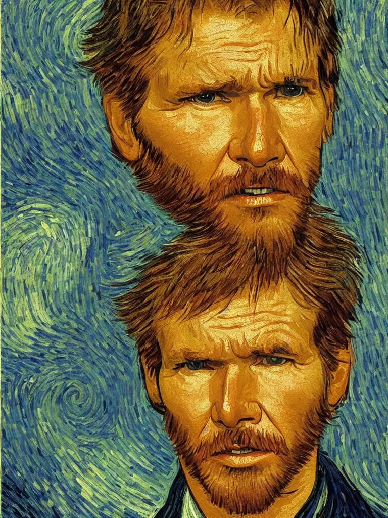 Prompt: harrison ford in the style of van gogh self portrait, face, detailed, sharp focus