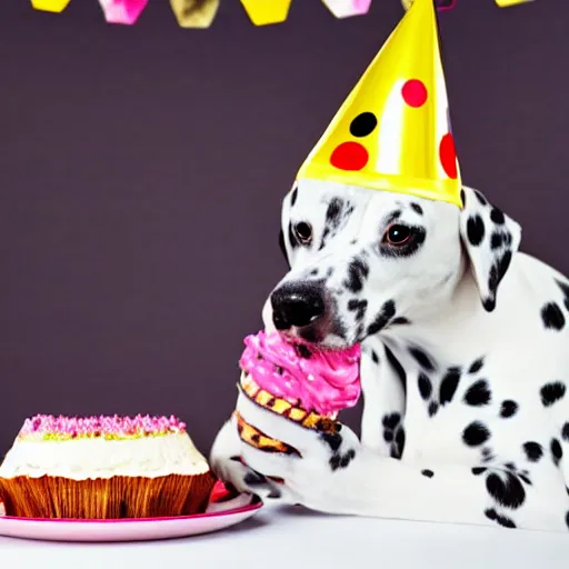 Prompt: female dalmatian with birthday hat eating birthday cake,