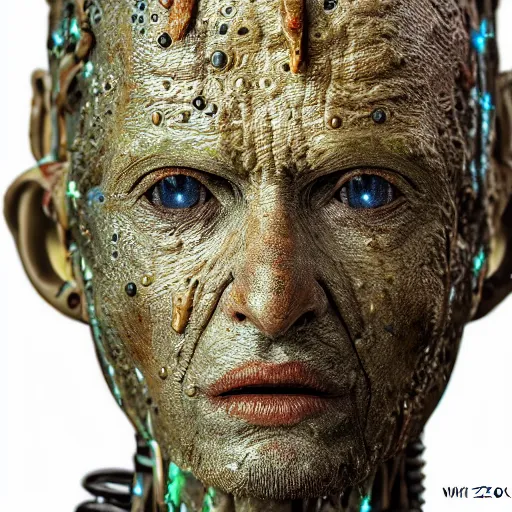 Image similar to photo taken of an epic intricate, ultra detailed, super realistic gritty, wet, lifelike sculpture of an humanoid android creature with bioluminescent patches of skin created by weta workshop, zoomed in shots, subsurface scattering, photorealistic, sharp focus, white wall coloured workshop, cold colour temperature, f 0. 4, face centred, golden ratio,