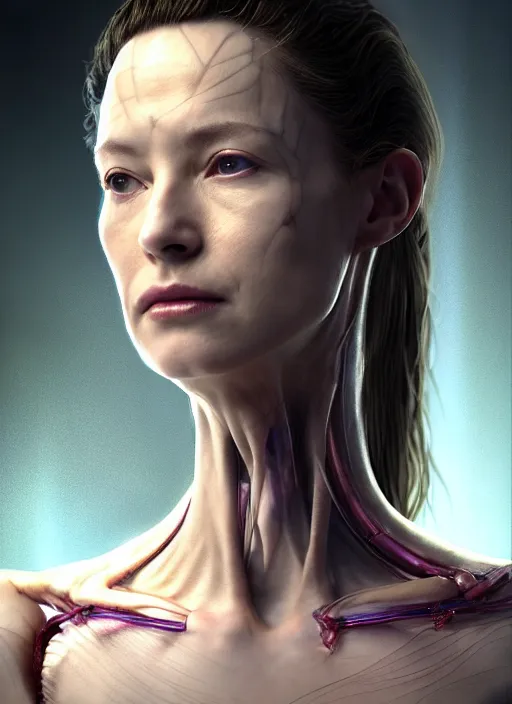 Image similar to 3 / 4 portrait, queen, crown, translucent skin, muscle, bones, veins, nerves, hyperrealism, exoskeleton, detailed, photorealistic, cyberpunk apocalyptic city, futuristic, ultra realistic, cinematic, intricate, cinematic light, unreal engine 8 k, octane render, unreal engine by charlie bowater, david kostic, stanley lau, artgerm