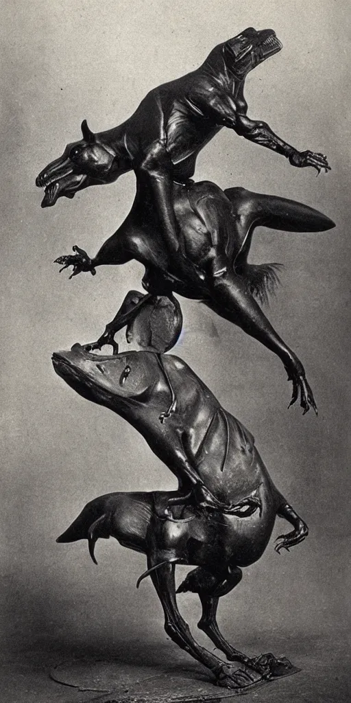 Prompt: t rex and a horse with high heels, anamorphic, strange, movement, metal, black and white, photograph, 1 8 5 0 s