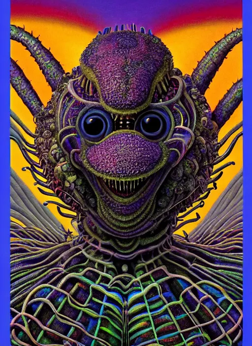 Prompt: a high quality photo of a strange insectoid muppet god with furry fuzzy body and many segmented legs and hypnotic eyes, explosions in the background, absurdist fantasy, sharp focus, vibrant, vivid, symmetry, highly detailed, cinematic, intricate lines, concept art by giger, lisa frank, wayne barlowe