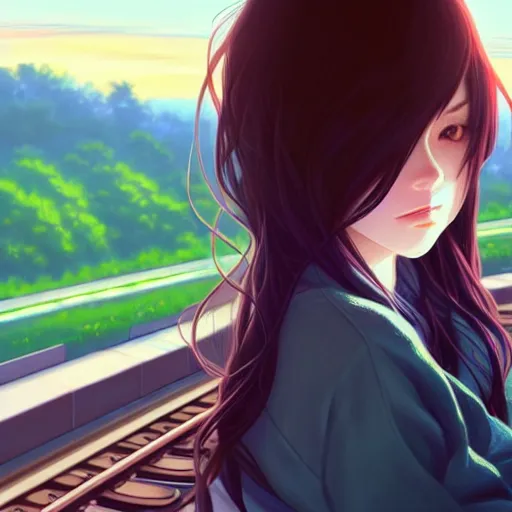 Image similar to a beautiful girl with long dark hair, sitting alone on a train, sunset, sharp focus, intricate, digital painting, artstation, official media, anime key visual, highly detailed, rich vivid colors, ambient lighting, illustration, art by Artgerm, Makoto Shinkai, Ilya Kuvshinov, Lois Van Baarle, and Rossdraws