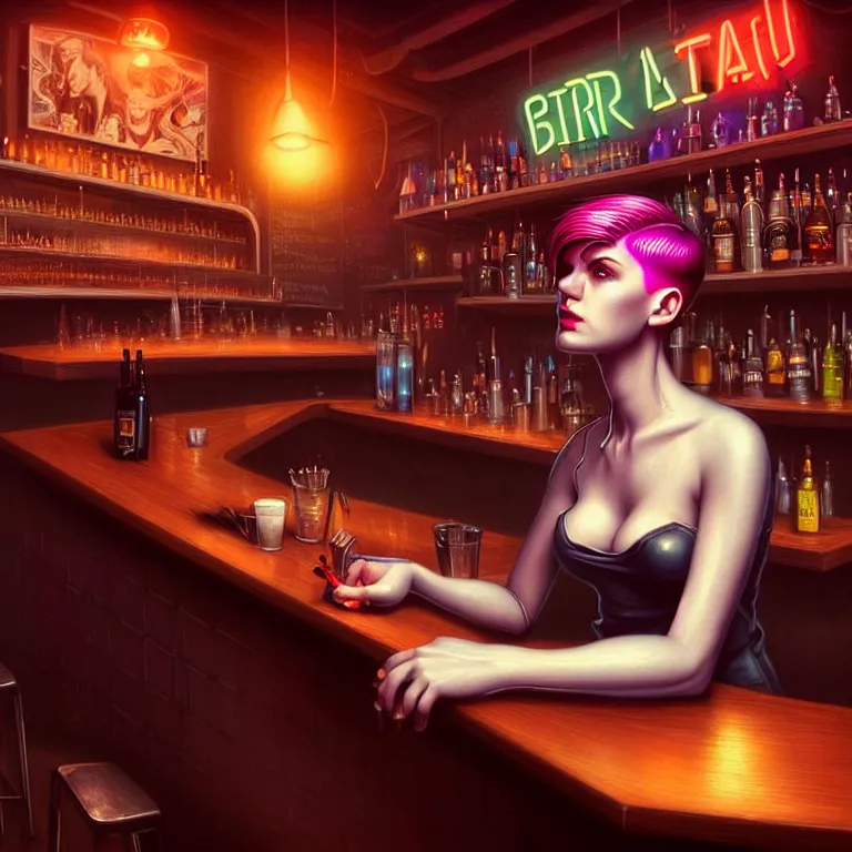 Prompt: a young sophisticated beautiful barmaid, dimly lit industrial grunge cyberpunk dive bar, dystopian retrofuturistic 1980s neon vibe, relaxed pose, sitting at the bar, pixie cut with shaved side hair, wild, highly detailed, digital painting, artstation, sharp focus, illustration, detailed digital art style by artgerm and greg rutkowski + perfect facial symmetry + dim volumetric lighting, vibrant deep colors, 🍸, 8k octane beautifully detailed render, post-processing, extremely hyperdetailed, epic composition, grim yet sparkling atmosphere, cinematic lighting + masterpiece, Art Nouveau