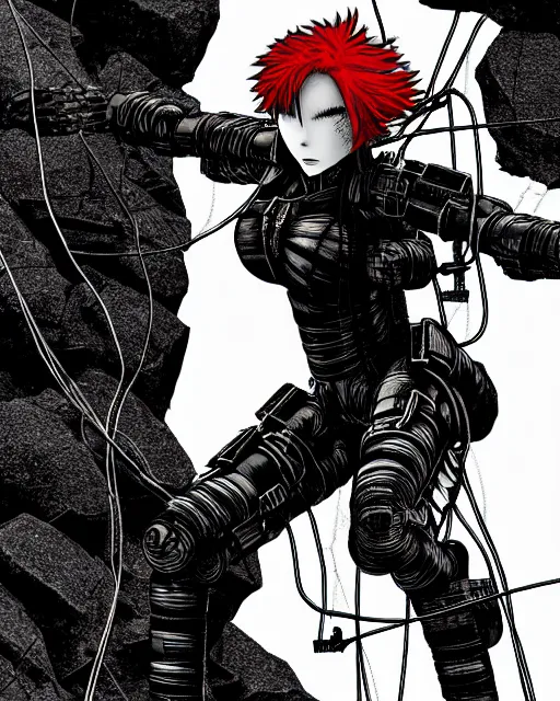 Image similar to black widow red hair flies with a parachute from everest and fires pistols at robots with techno details, by tsutomu nihei, black and white, wires clouds and destroed rocks background