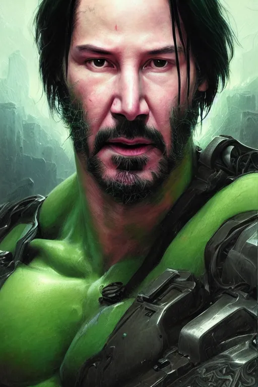 Image similar to Portrait of Keanu Reeves as green Hulk, marvel, dark, intricate, highly detailed, smooth, artstation, digital illustration by Ruan Jia and Mandy Jurgens and Artgerm and Wayne Barlowe and Greg Rutkowski and Zdislav Beksinski