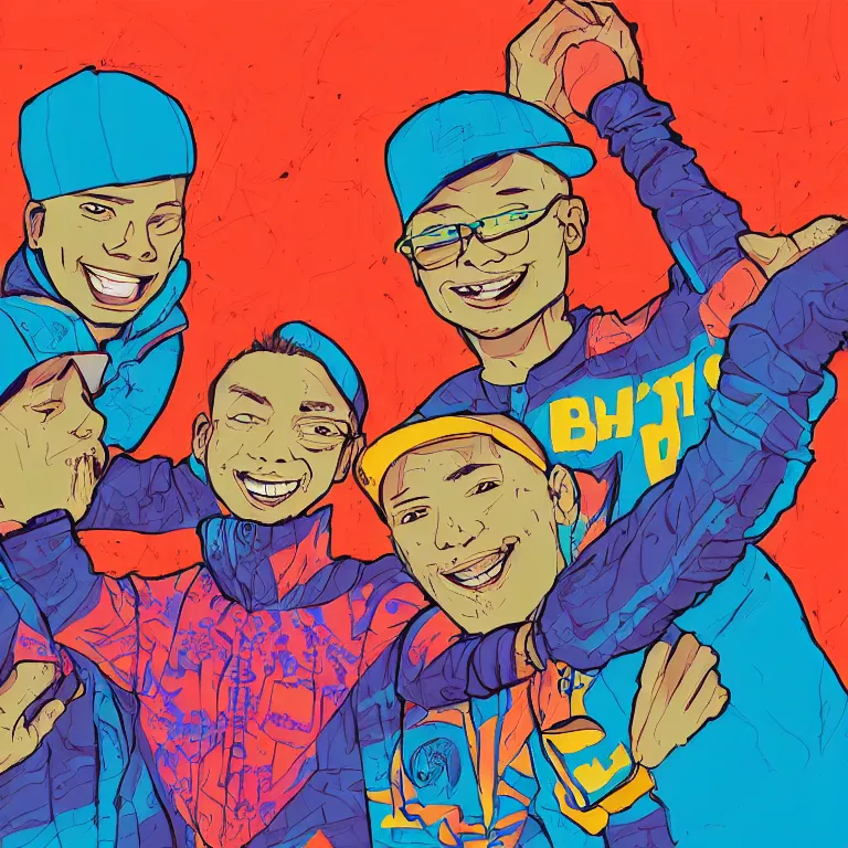 Prompt: a detailed colorful illustration of three ( b boys ) posing for a selfie by timothy kong, trending on artstation