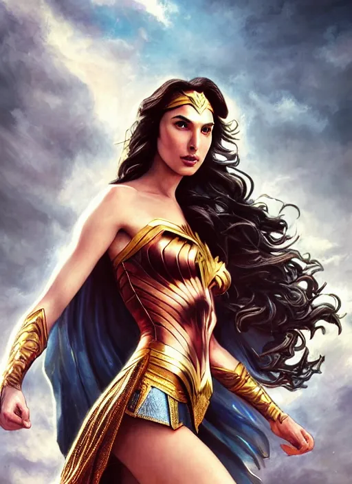 Image similar to Gal Gadot as Hell Lord, full body shot, epic, fantasy, intricate, elegant, volumetric lighting, highly detailed, digital painting, 4k, HDR, concept art, smooth, sharp focus, illustration, art by artgerm and alex ross and alphonse mucha and Adam Hughes