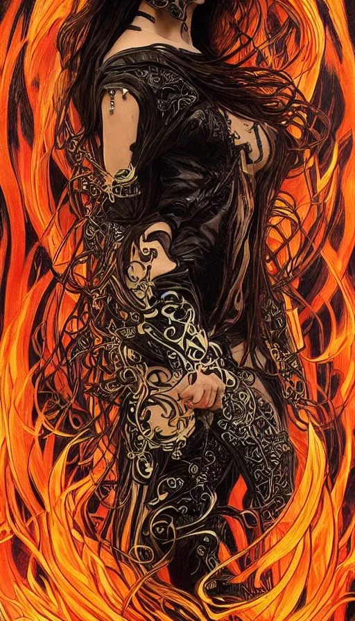 Prompt: a finely detailed beautiful!!! feminine cyberpunk ghost rider with skull face and long flowing hair made of fire and flames, dressed in black leather, by Alphonse Mucha, designed by H.R. Giger, legendary masterpiece, stunning!, saturated colors, black background, trending on ArtStation