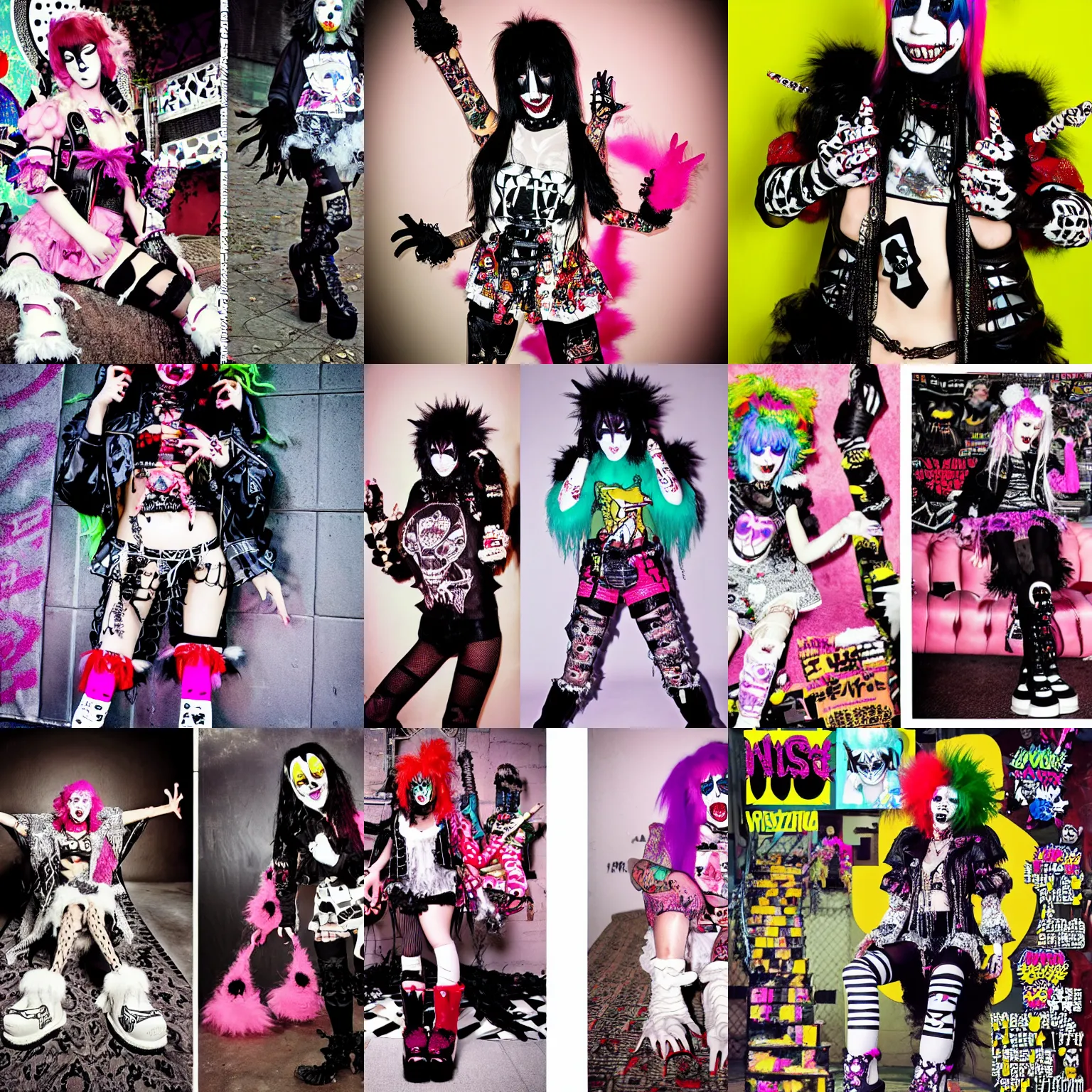 Prompt: photo of lace monster wearing ripped up dirty Swear kiss monster teeth yeti platform boots in the style of 1990's FRUiTS magazine 20471120 in japan and in the style Rammellzee in the style of Ai Yazawa's Nana fashion by Gothic & Lolita Bible magazine and the style of Insane Clown Posse JNCOs CyberDog and emo scene style and by Ryan Trecartin in the style of Dorian Electra by Rick Owens Undercover by Jun Takahashi in a dirty dark dark dark poorly lit arcade full of trash and garbage server racks and cables everywhere in the style of Juergen Teller in the style of Shoichi Aoki, japanese street fashion, KEROUAC magazine, Walter Van Beirendonck W&LT 1990's, Milk Bar Magazine, Vivienne Westwood, y2K aesthetic