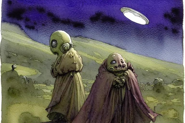 Prompt: a realistic and atmospheric watercolour fantasy character concept art portrait of a short fat chibi alien wearing robes emerging from the mist on the moors of ireland at night. a ufo is in the sky. by rebecca guay, michael kaluta, charles vess and jean moebius giraud