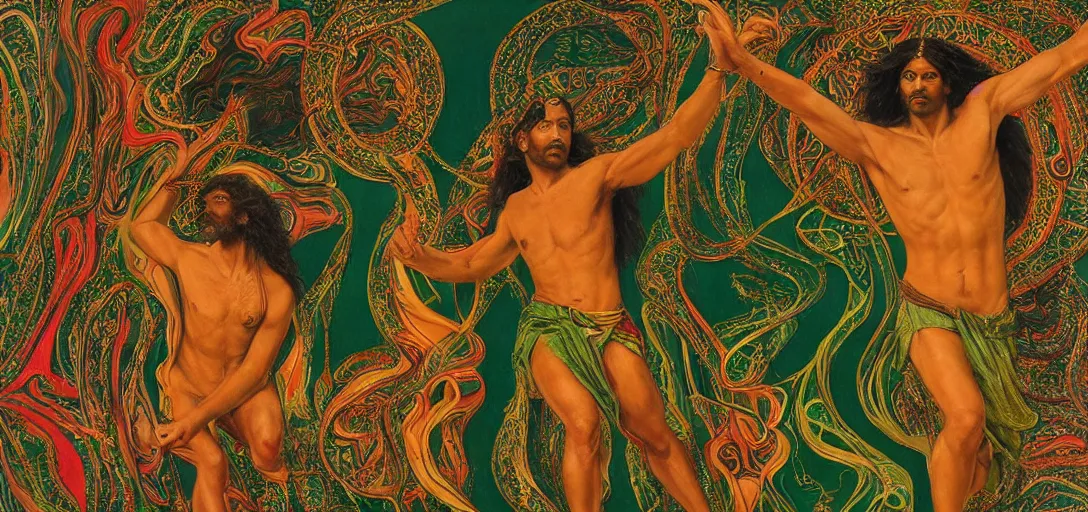 Image similar to an abstract spiritual background, portrait of a multiracial greek god dancing ecstatically, green eyes. 2 4 mm, photorealistic, muted color scheme, directed by mati klarwein and mat collishaw