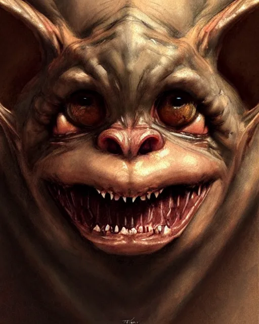 Prompt: closeup profile face portrait of a medieval gremlin eating cakes in the cathedral, beautiful face, hyper realistic, highly detailed, digital painting, artstation, illustration, concept art by hyung tae, frank frazetta, bosch, giger, digital paint, matte paint, washed colors, dark, gloomy, detailed and intricate environment