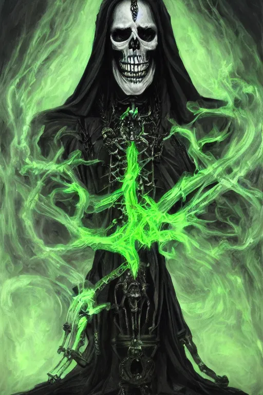 Image similar to portrait of an ominous skeleton king dressed in black robes wielding poisonous powers, glowing green and black tones, oil on canvas, gothic style, ornate, elegant, highly detailed, realistic, concept art, trending on artstation