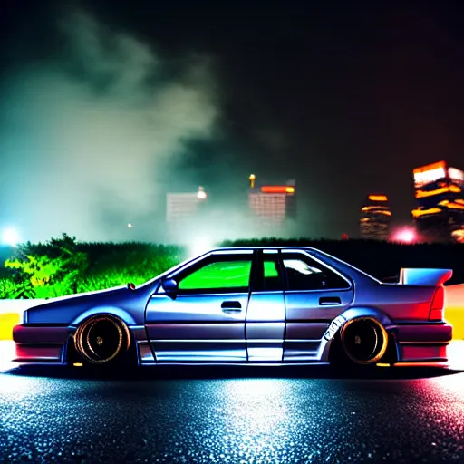 Prompt: a car JZX90 turbo drift at illegal car meet, Chiba prefecture, city midnight mist lights, cinematic color, photorealistic, highly detailed wheels, 200MM