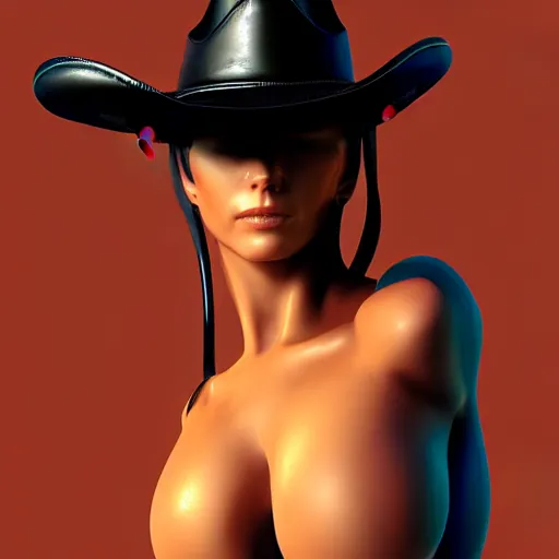 Image similar to a painting of a woman wearing a leather body - suit! wearing a cowboy hat!, cyberpunk art by yumihiko amano, cgsociety, figurative art, toonami, zbrush, official art