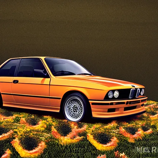 Prompt: photorealistic image of orange bmw e 3 0 m 3 in a field of flowers, picture taken from below