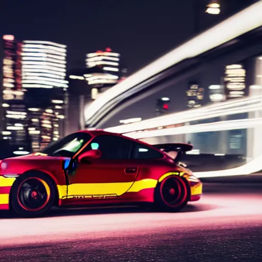 Prompt: photo of a porsche 9 1 1 at night drifting through a city, cinematic, 4 k, long exposure photography, tokyo drift, fast and furious, film still, night photography, motion blur, lens flare, movie shot, light trail, distortion, wide angle, reflections